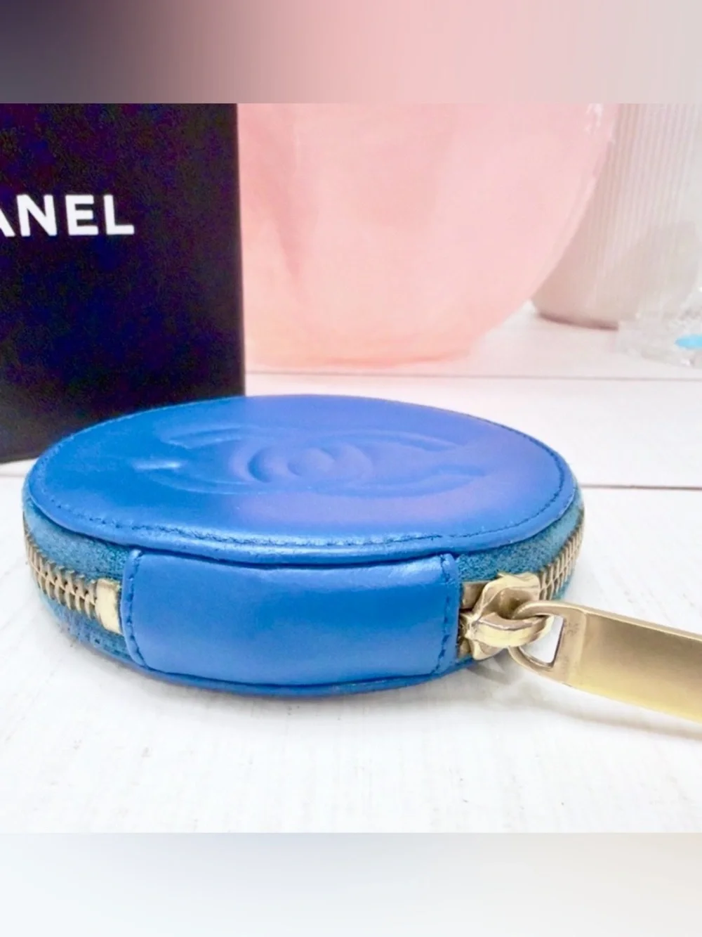 Rare Chanel Blue CC Logo Round Camellia Flower Lambskin Coin Purse Wallet